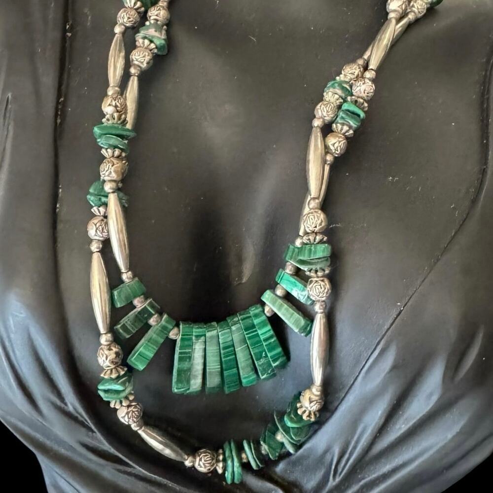 Vintage Native American Malachite Fringe Double Strand Silver Necklace 22-25”44g - Picture 11 of 13